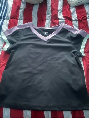 Layer 8 Kids Black Athletic V-Neck Top with Lavender Trim